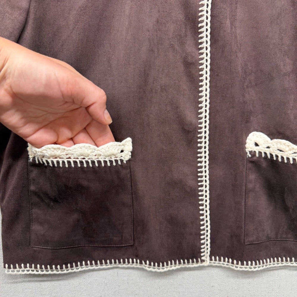 Bagatelle Collection Brown Faux Suede Crochet Trim Jacket Cottagecore Coat 85110 - Picture 6 of 15